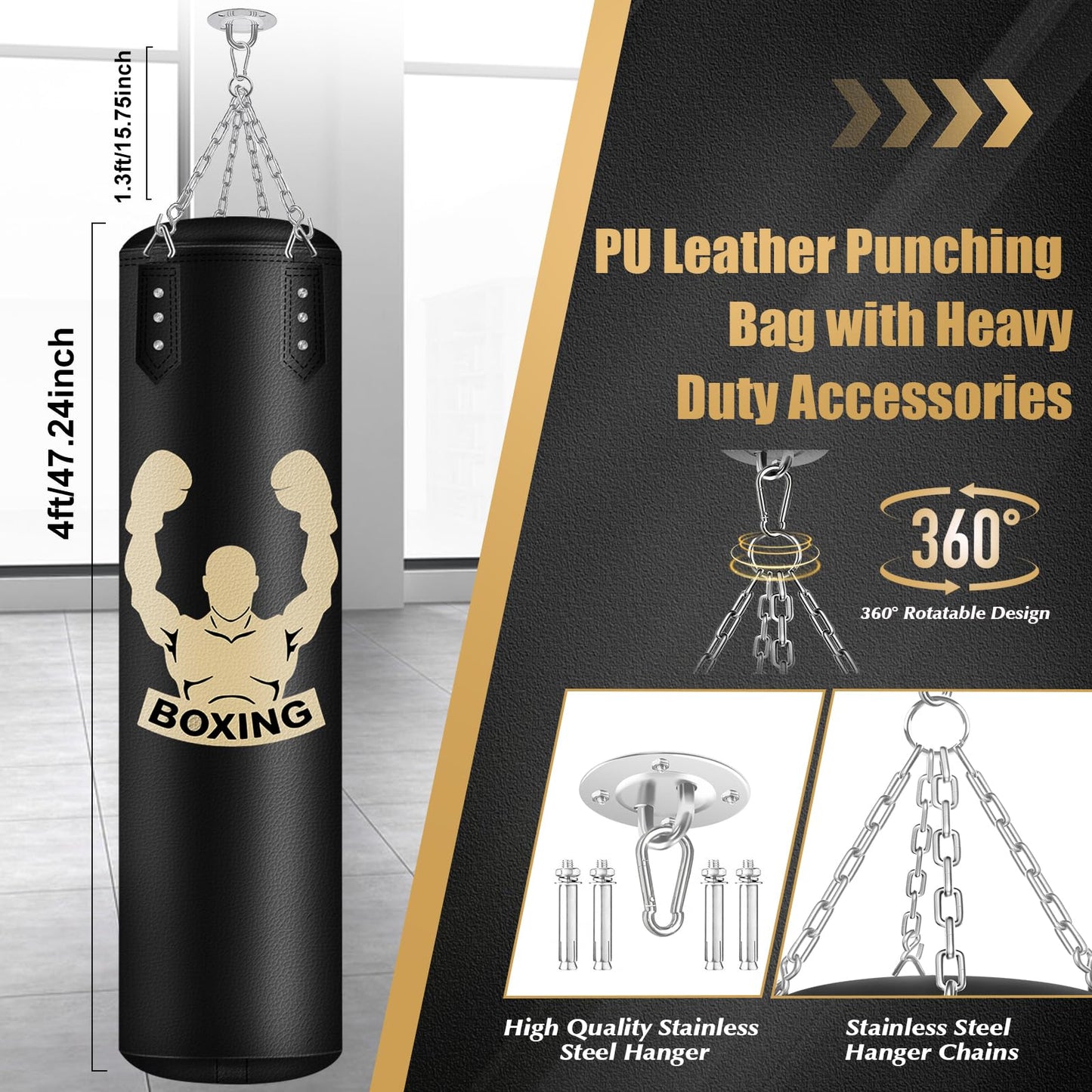 Filled Punching Bag for Adults, 4FT PU Leather Hanging Bag with 11lb Sponge Filler, Come with 12OZ Gloves, Kicking Bag Heavy Bag Boxing Equipment for Training Karate Kickboxing Home Gym