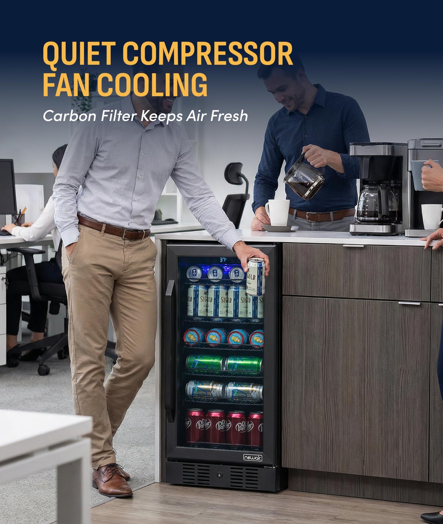 NewAir 96 Can Built-In Beverage Refrigerator | 15” Small Mini Fridge for Bedroom, Home Bar or Office | Quiet Cooling & Precise Temperature Control | Black Stainless Steel