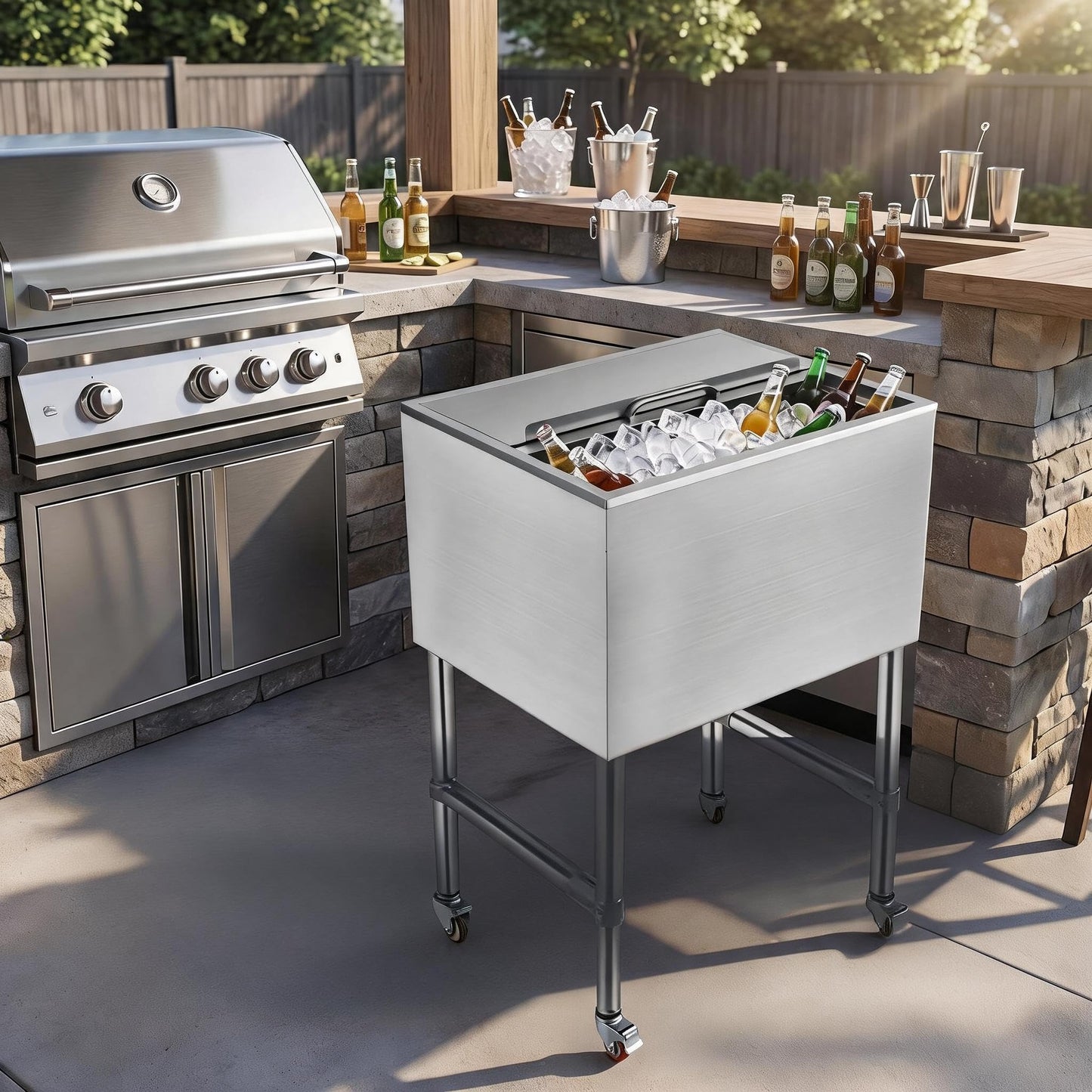24x19x37inch Ice Bin for Bar,Commercial Ice Bin with Legs,Commercial Insulated Stainless Steel Ice Bin with Lid & Drain System, Large Capacity Underbar Ice Chest for Restaurants, Pubs & Cocktail Bars