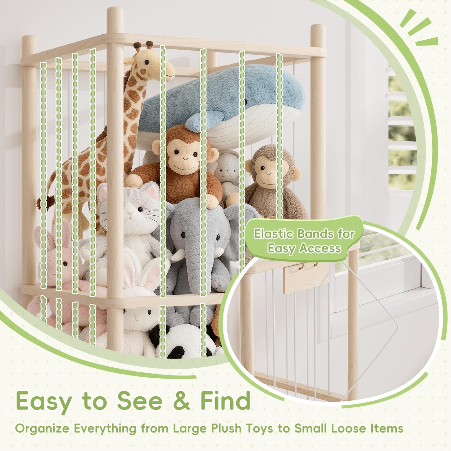 Stuffed Animal Storage Organizer - Large Wooden Toy Organizer with Drawer for Nursery, Bedroom, Kidroom, Natural Pine Material, Space-Saving