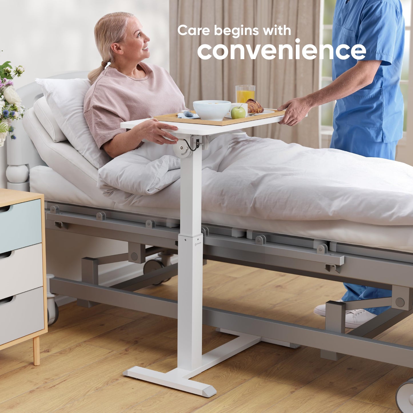 ONKRON Laptop Cart on Wheels, max Load 17.6 lbs, Small Rolling Table with Hidden Wheels, Mobile Standing Desk Adjustable Height, 90° Tilting Portable Workstation, Overbed Bedside Desk White