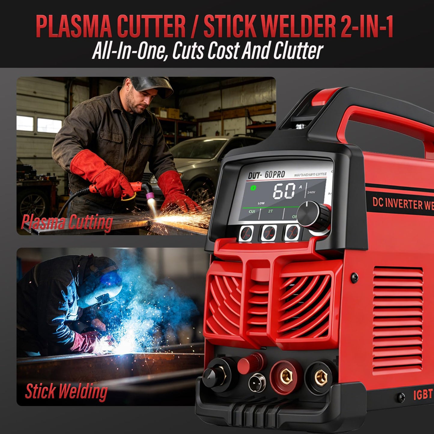 GNI 60Amp Portable Plasma Cutter/Stick Welder 2 IN 1, Non-Touch Pilot Arc 120V/240V Plasma Cutter Machine, 4/5’’ Max Cut, Pre-Installed Air Regulator, 2T/4T, IGBT for Beginner DIY & Home Workshop