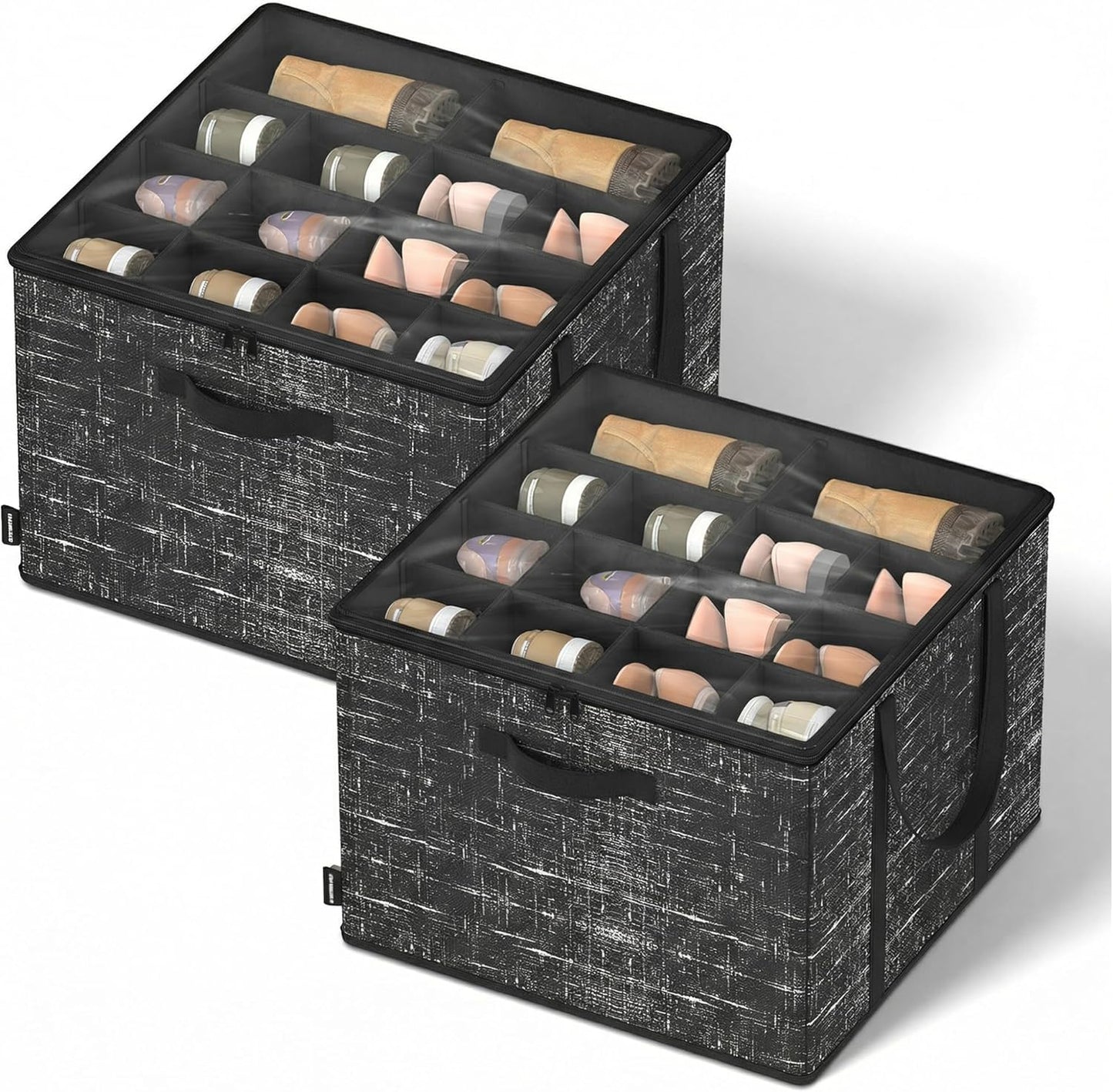 SONGMICS Shoe Organizer - Foldable Fabric Storage Bins with Clear Lid - Holds 32 Pairs, Ink Black, 16.5 x 16.5 x 12.5 Inches