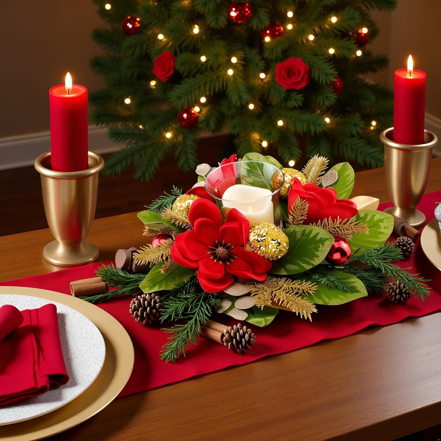 Skiennix 18" Centerpiece - Flameless LED Candle Holder with Red Magnolia & Gold Baubles for Holiday Decor