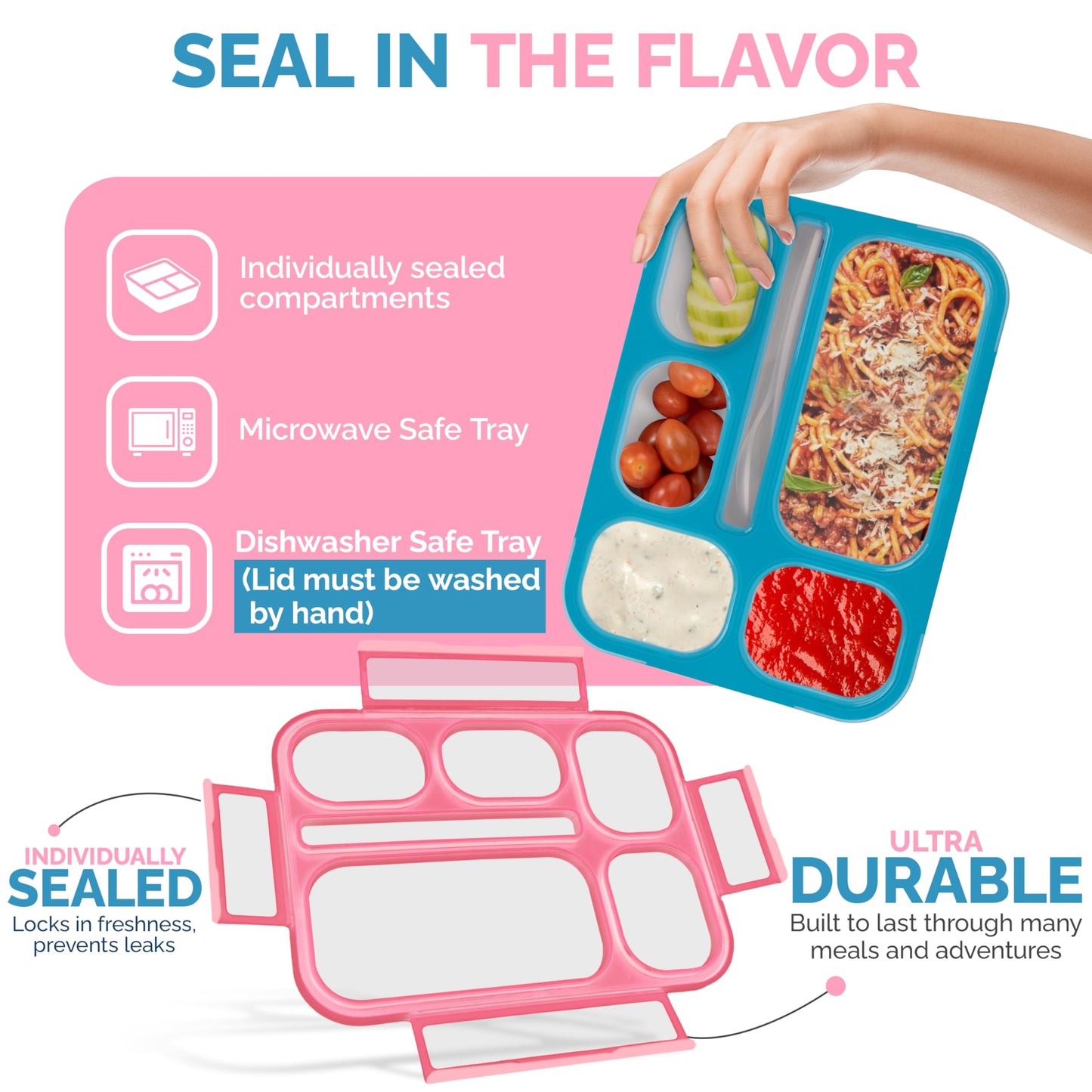 6 Compartment Lunch Boxes. Bento Box Lunchbox Containers for Kids, Boys Girls Adult. BPA-Free Microwave Safe School Bentobox Meal Planning Portion Container. Leakproof. Set of 2 Blue & Pink Kits