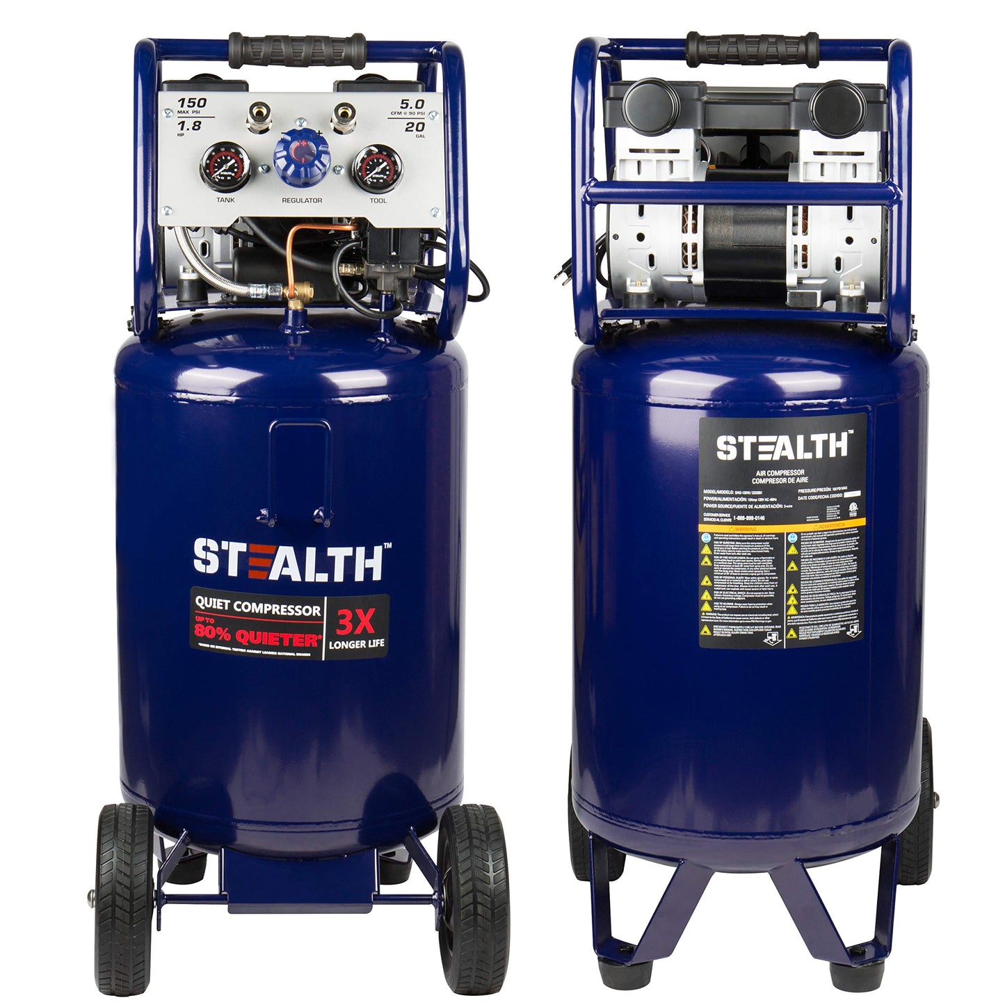 Stealth 20 Gallon Ultra Quiet Air Compressor,1.8 HP Oil-Free Peak 150 PSI 68 Decibel, 5.5 CFM @ 40 PSI 5 CFM @ 90 PSI Silent Long Life Electric Air Compressor W/Wheel for Garage