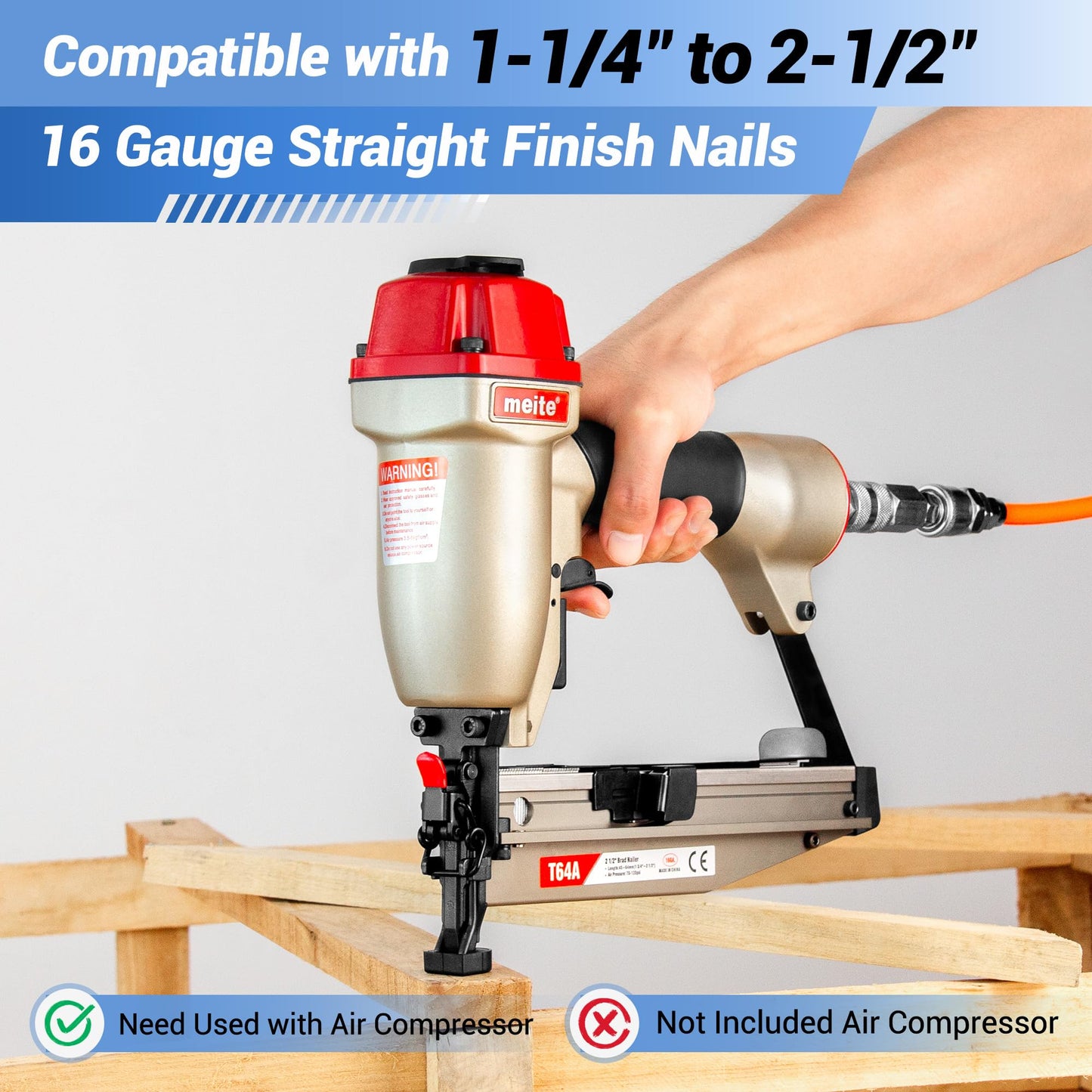 meite T64A 16 Gauge Finish Nailer with Straight Finish Nails 5 Sizes Assorted Set 2,500PCS, Pneumatic Finish Nail Gun for Baseboard Crown Molding Cabinetry