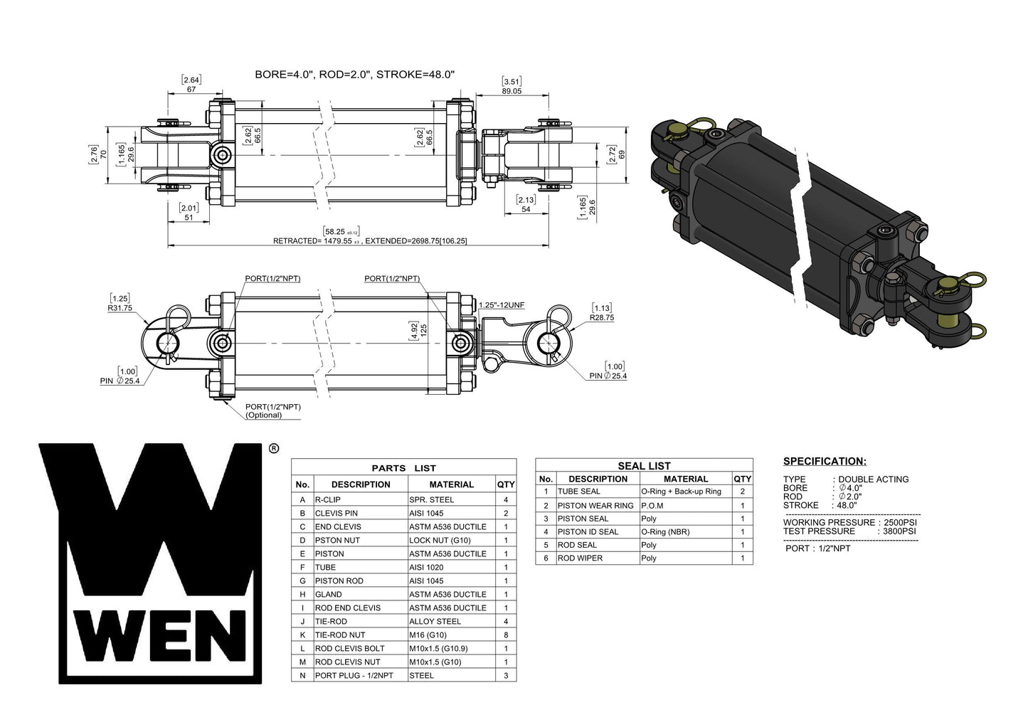 Wen TR4048 2500 PSI Tie Rod Hydraulic Cylinder with 4 in. Bore and 48 in. Stroke