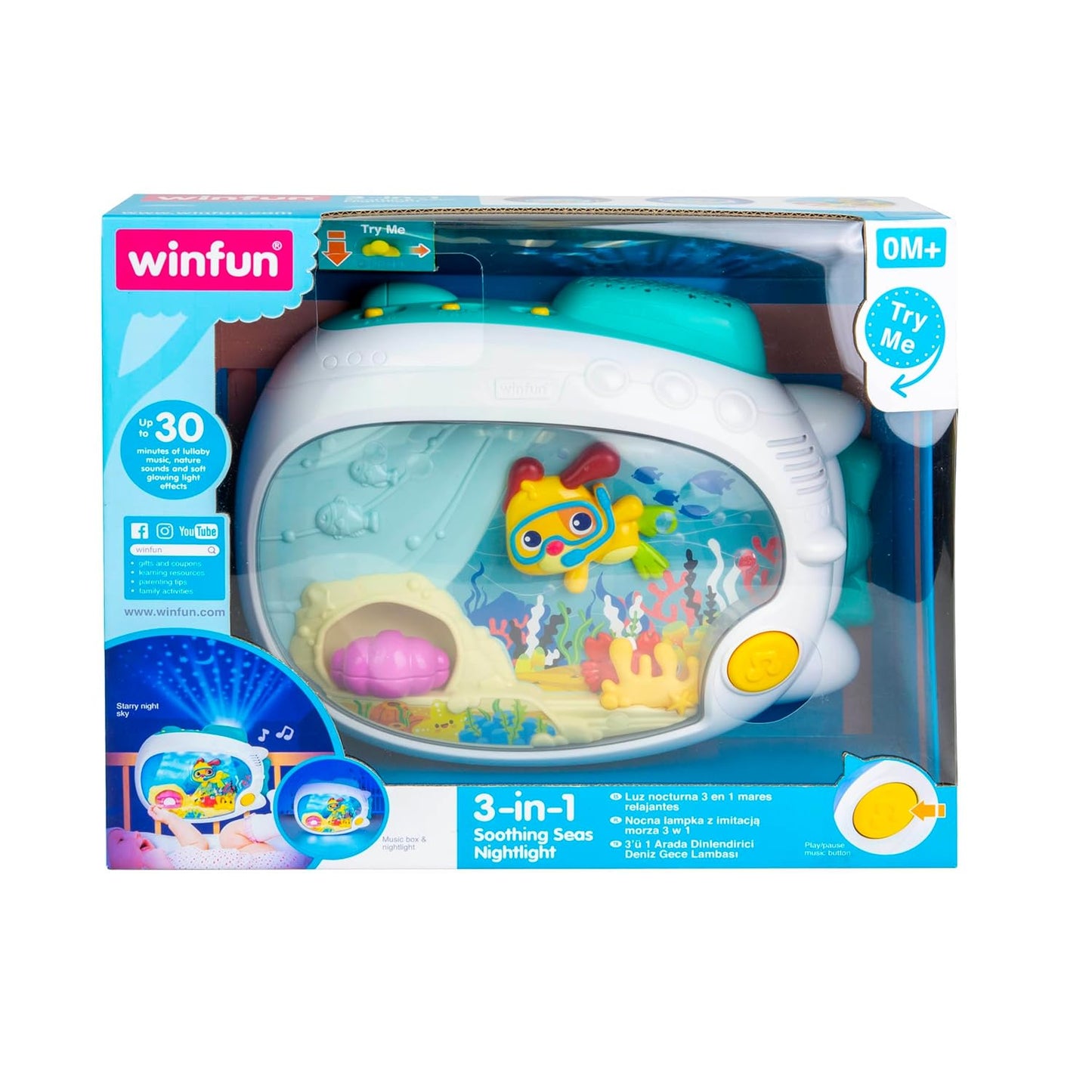 Winfun 3-in-1 Soothing Seas Nightlight - Music Box Projector with Calming Lullabies for Babies | Attachable to Crib or Tabletop