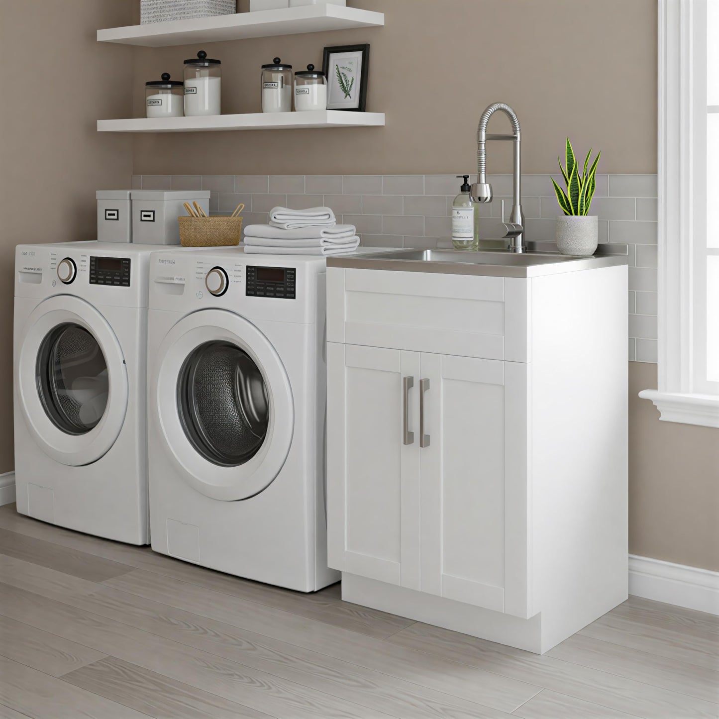 SIMPLIHOME Hennessy All-in-One 24 inch Wide Utility Sink and Laundry Cabinet in Pure White Finish, Transitional Stainless Steel Sink Cabinet for Laundry Rooms with High-Arch Chrome Faucet and Storage