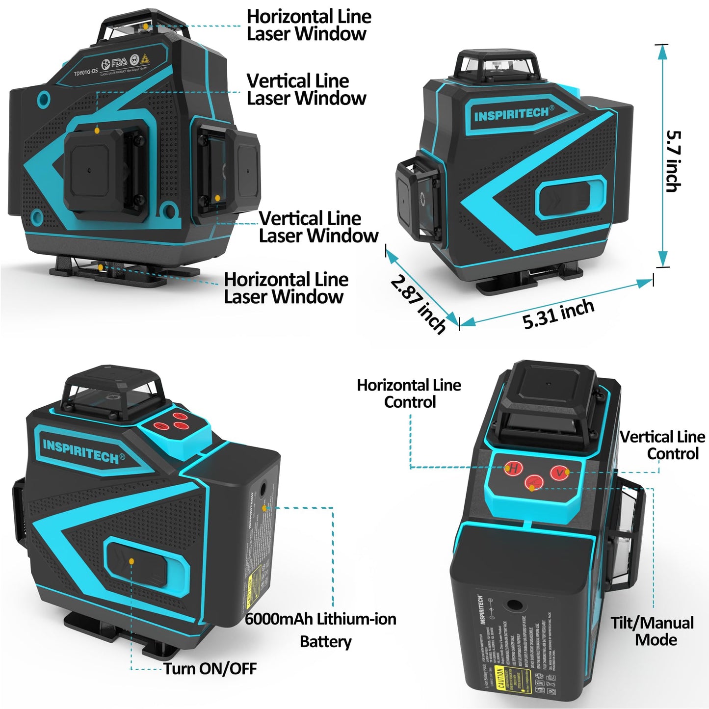 INSPIRITECH Floor Laser Level 360 Self-leveling - Tile 4 x 360 Green Beam Cross Line Laser Leveler Tool - 16 lines 4D Ceiling Nivel Laser for Construction with Hard-Sided Case and 2 Batteries-C