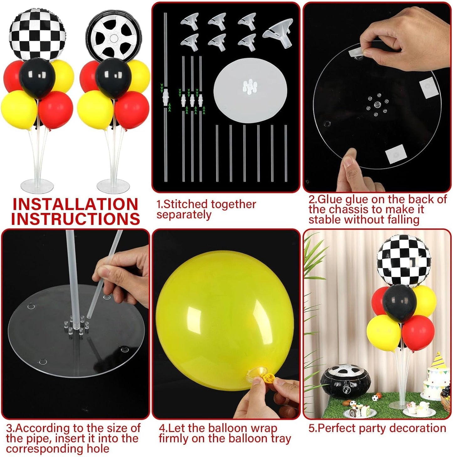 Skiennix Race Car Party Balloons Kit - 2 Sets with Checkered Foil Balloons | Red, Black, Yellow Decor for Boys' Birthday Parties