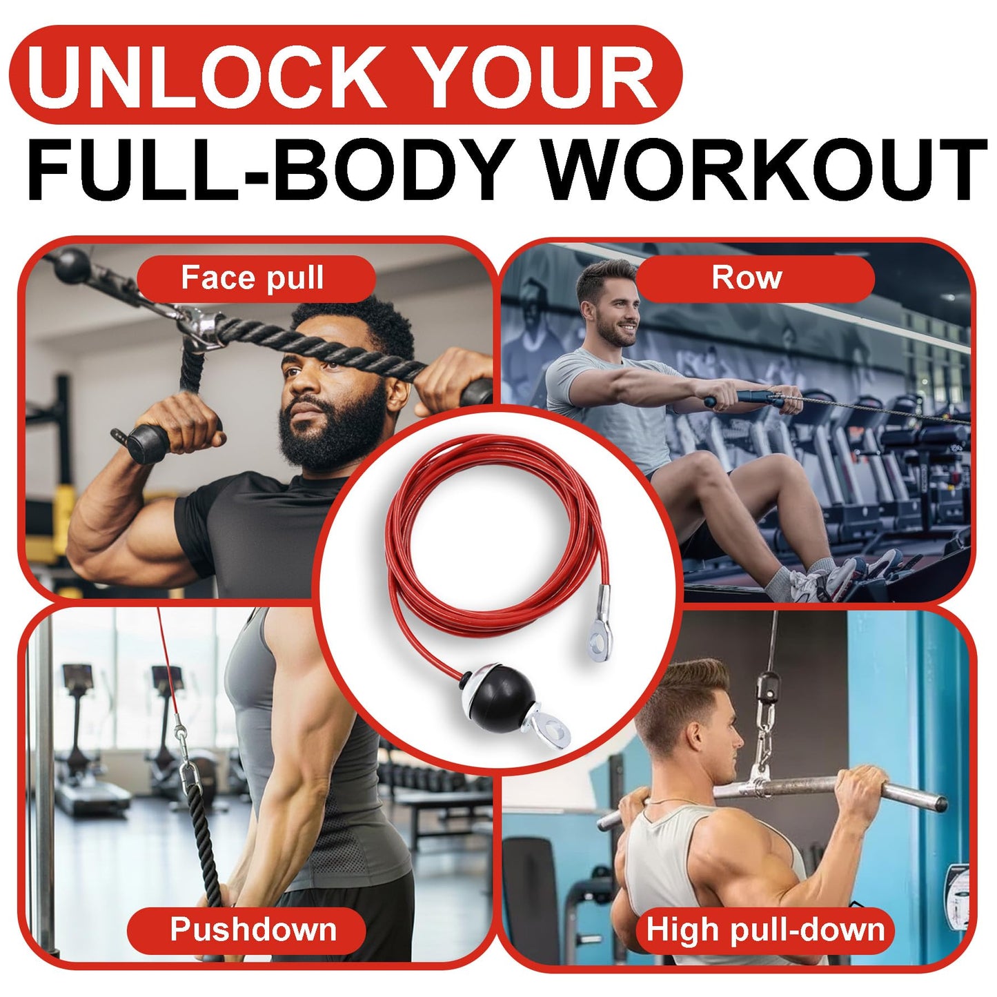 J Bryant Fitness Pulley Cable Replacement - 5mm(0.2inch) Heavy Duty Steel Wire Rope for Home Gym & Cable Machine Accessories Black/Red Cable for Weight Machine (Red, 115")