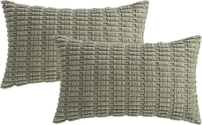 MIULEE Pack of 2 Corduroy Decorative Lumbar Throw Pillow Covers 20x12 Inch Soft Boho Striped Pillow Covers Modern Farmhouse Home Decor for Summer Sofa Living Room Couch Bed Light Olive Green