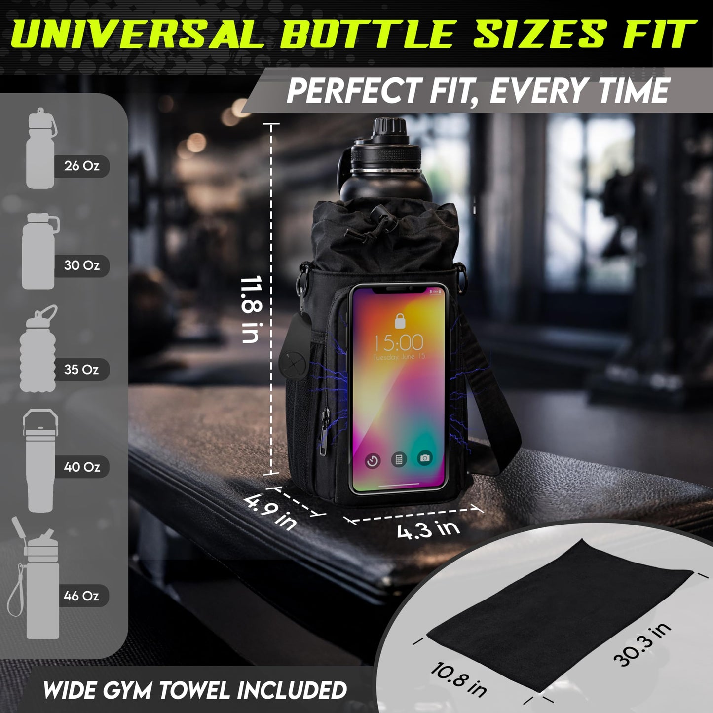 Magnetic Gym Bag & Magnetic Water Bottle Holder Set - 40oz Insulated Stainless Steel Bottle, Microfiber Towel, Cross Body Strap & Phone Holder Magnet - Gym Bag Essentials for Fitness, Work & Travel