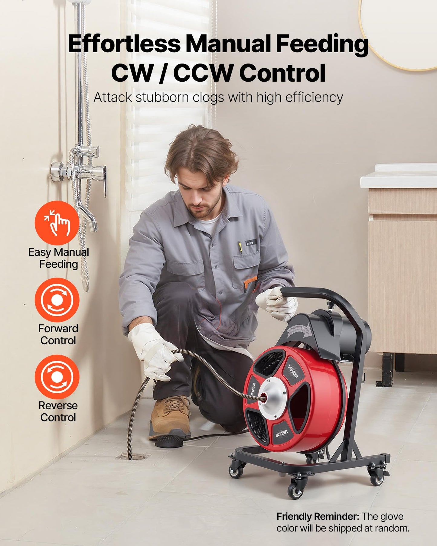 VEVOR Drain Cleaner Machine 50 FT x 1/2 Inch, Manual Feed Sewer Snake Auger on Wheels - with 4 Cutters & Air-activated Foot Switch for 2" to 6" Pipes
