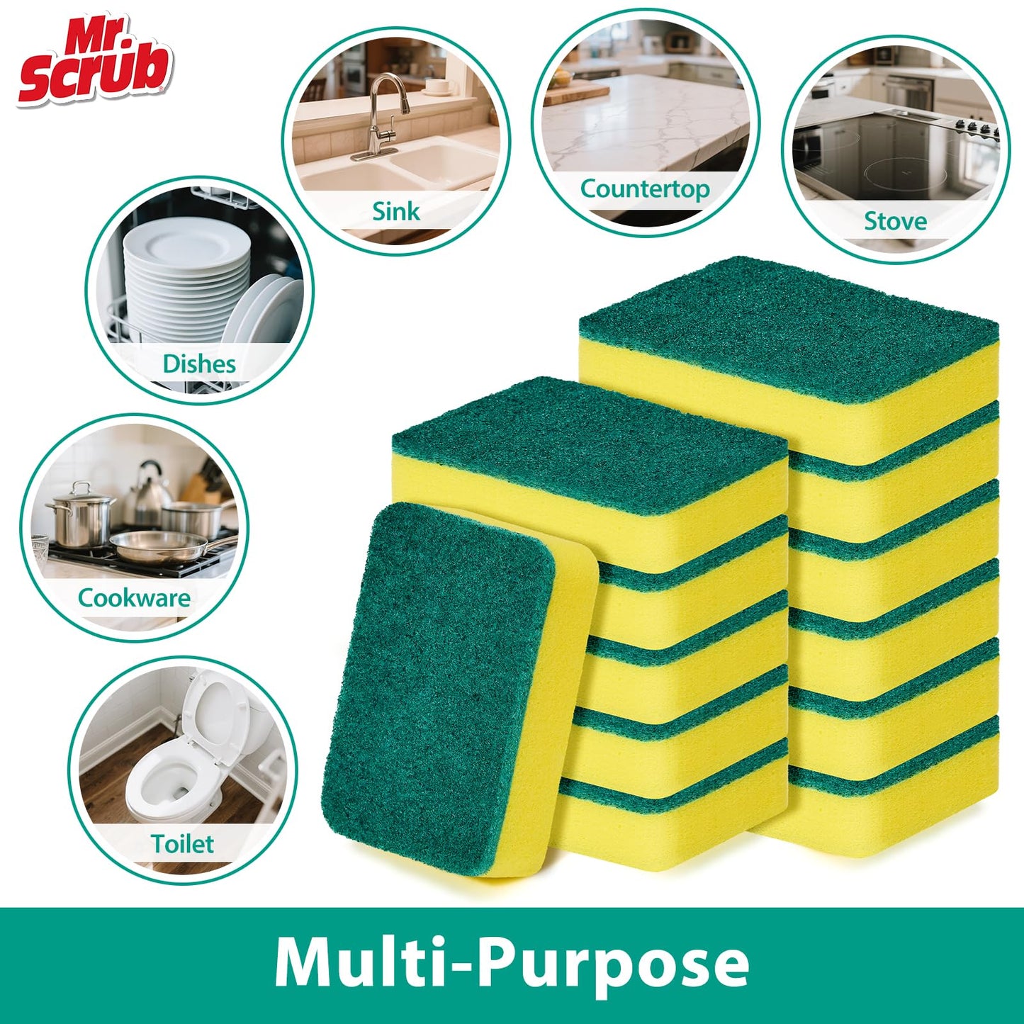 Mr. Scrub Sponges Kitchen Scrub Dish Sponge Scouring Pad, 24 Pack Cleaning Brush Scrubber Supplies for Soap, Dishwashing Dinnerware Sets Pan Pot Towels Cloth Rags Holder Glass Dishwasher Sink Bathroom