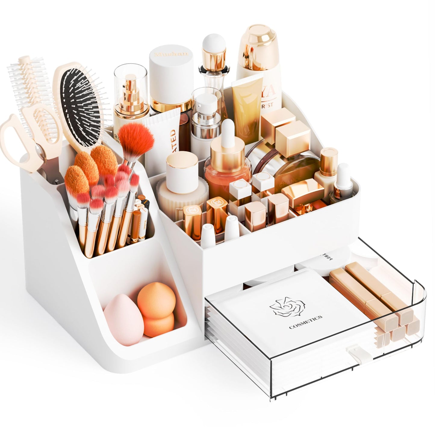 Yieach White Makeup Organizer Countertop,Large Cosmetics Storage Organizer for Make up Brush,Hair Products and Beauty Skincare Organizers,Plastic Makeup Holders and Organizers for Bathroom,Vanity,Desk