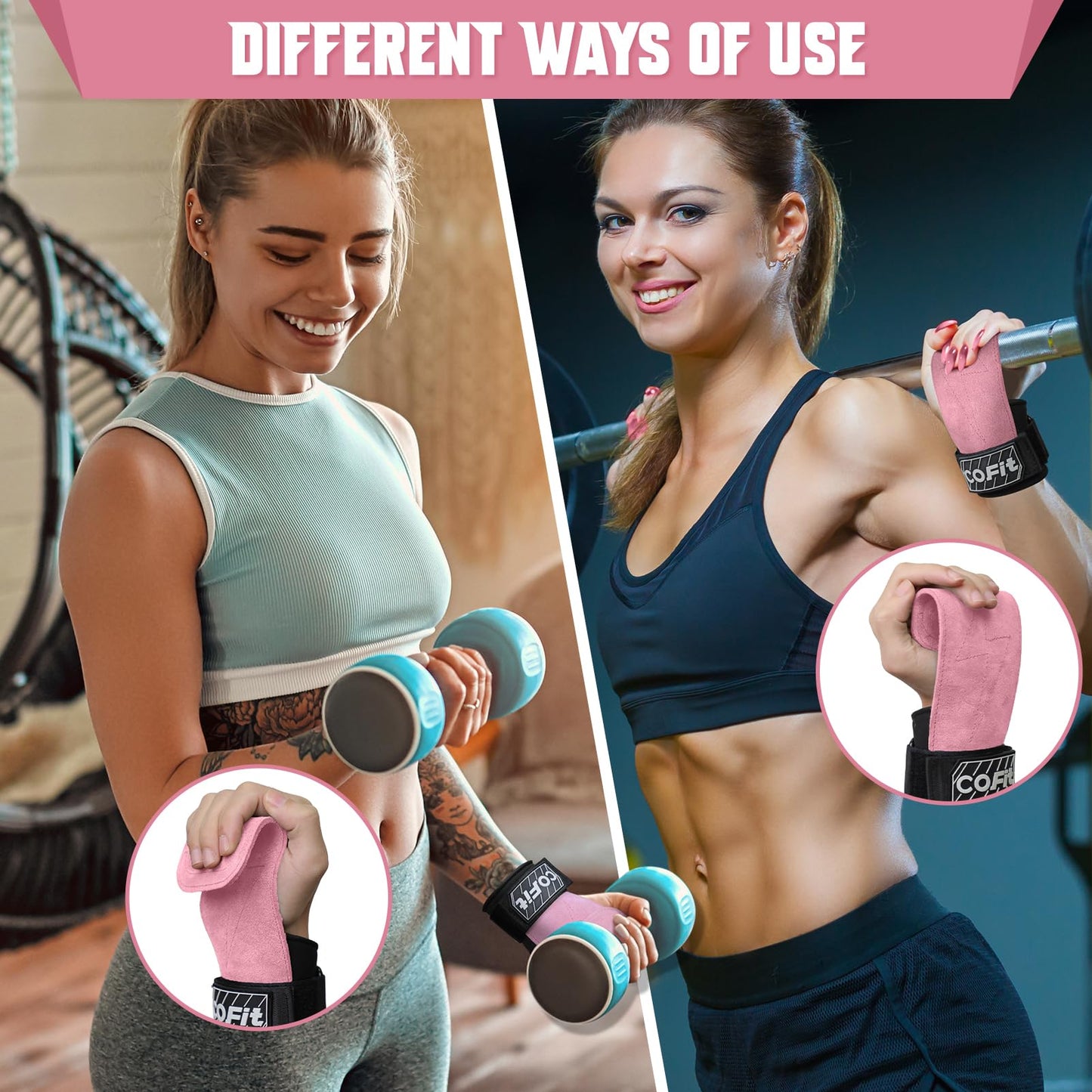 COFIT Wrist Straps for Weightlifting, Workout Wrist Wraps with Dual-Layer Oxford Leather, Enhanced Grip for Optimal Hand and Wrist Protection for Deadlift and Dumbbel - Standard size Pink