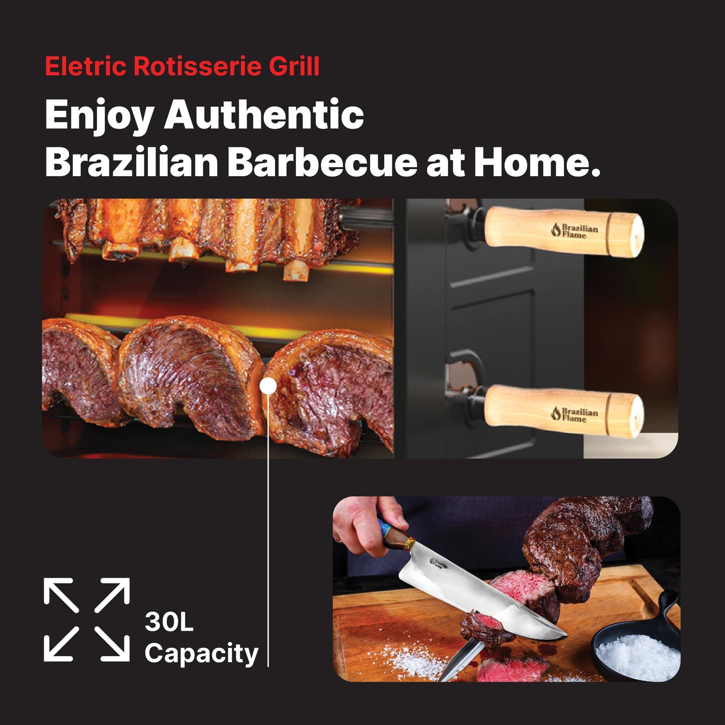 Electric Rotisserie Oven Brazilian Flame VOLTA | Vertical Countertop Grill with Auto-Rotating Skewers Shawarma Grill Machine Meat Kebab | Indoor Adjustable Temperature | 8lb Capacity | World Cup Grill