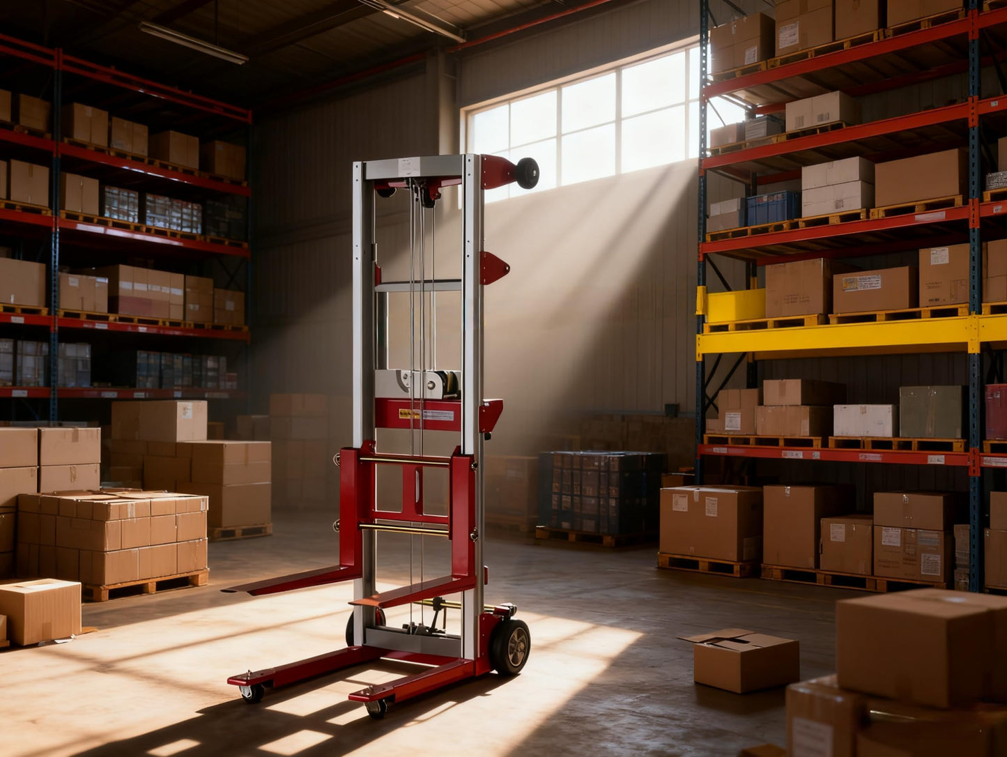 ELOMBR 122" Material Lift Winch Stacker, 400 lbs Capacity Manual Material Lifts, Fixed Straddle Material Lifter, Hand Winch Lift Trucks for Warehouse, Factory, Lightweight, 34.60" L x 24.80" W, Red