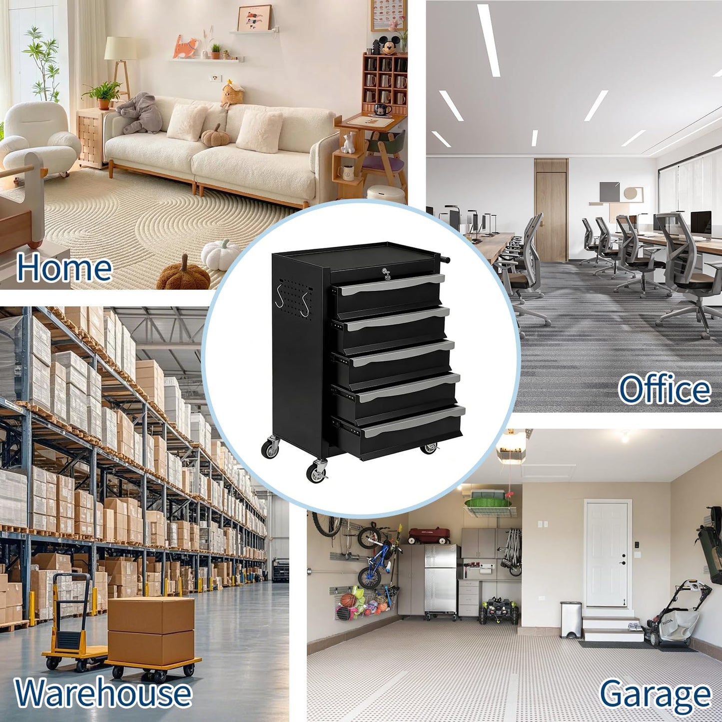 5-Drawer Tool Chest, Rolling Tool Cart, Large Capacity Tool Storage Cabinet with Keyed Locking and Drawer Liners, Link Buckle, and Can Be Combined to Large Cabinet Set, for Garage, Workshop, Warehouse