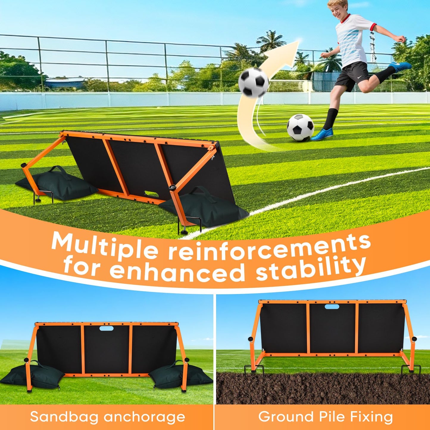 CAROD Soccer Rebounder Board, 40 X 16 Inch Portable Soccer Training Equipment, Two Rebound Angles, Equipped with Two Sandbags and Two Ground Stakes, Suitable for Soccer Passing and Shooting Drills