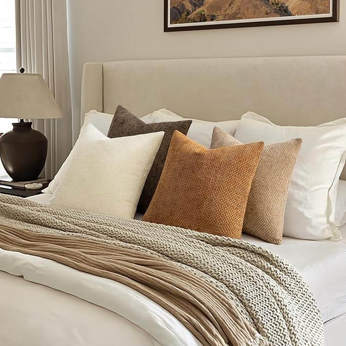 MIULEE Pack of 4 Brown Couch Throw Pillow Covers 22x22 Inch Soft Decorative Chenille Pillows Farmhouse Accent Cushions for Boho Home Decor Spring Sofa Bedroom Living Room