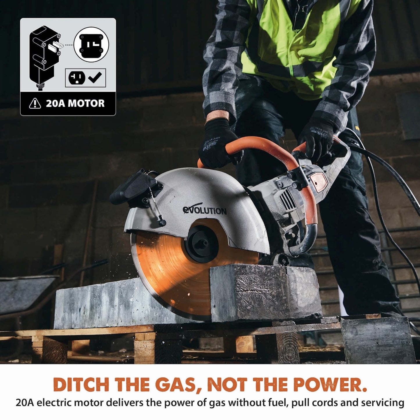 Evolution R14DCT 14” Electric Concrete Saw | High-Torque 20A Motor | 5-1/8” Cut Depth | Auto ON/OFF Dust Suppression | No Gas, Low Maintenance | 14” Diamond Blade | Heavy-Duty | 20A Plug