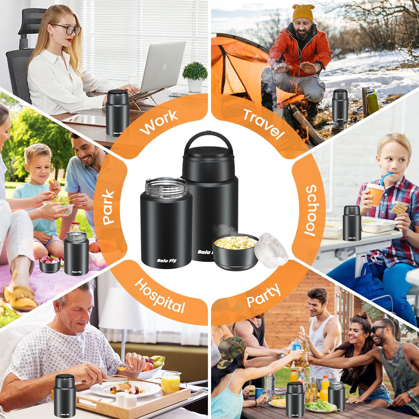 Bolu Fly 2 Pack Soup Thermo for Hot Food for Adults, Insulated Food Jar, Stainless Steel Vacuum Thermal Lunch Box Containers with Carry Bag and Spoon (18.5oz, 27oz) (Black)