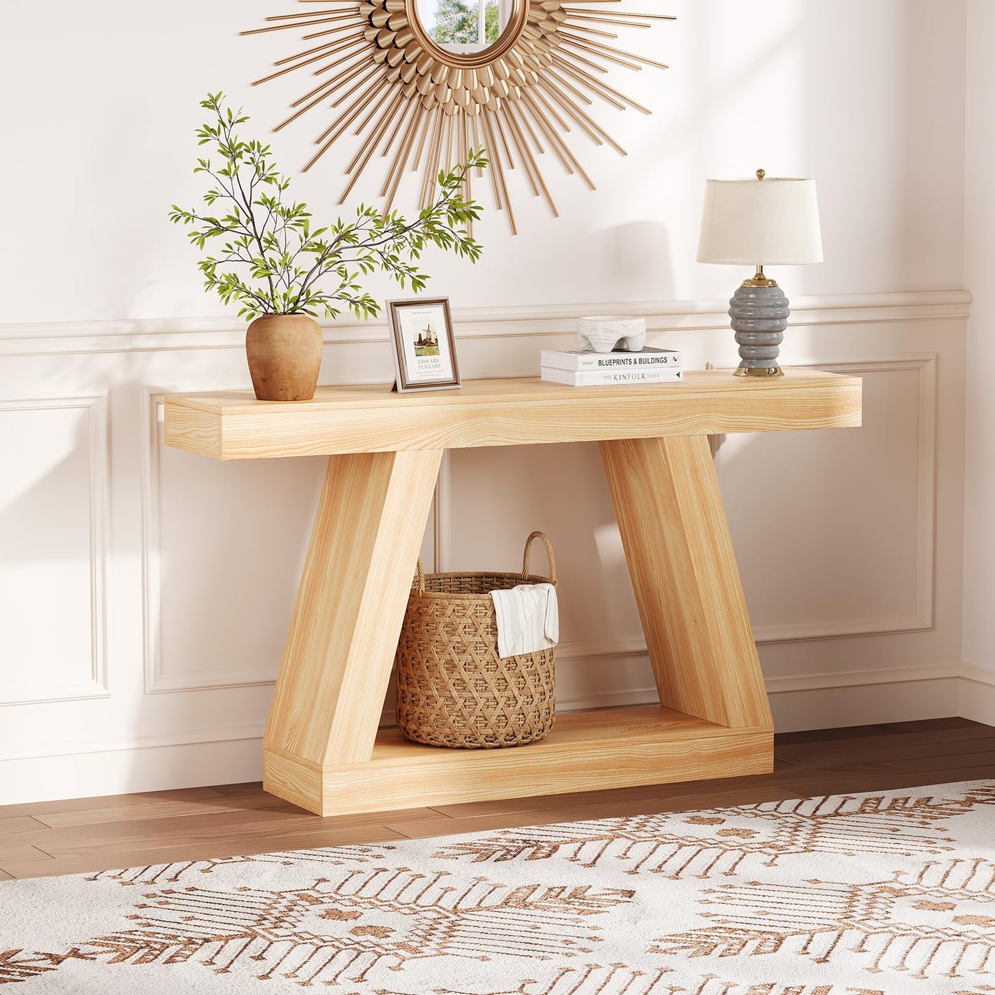 GarveeHome Farmhouse Console Table, 2-Tier Wooden Trapezium Sofa Table with Open Storage Shelf, Industrial Entryway Furniture for Entrance, Hallway, Living Room(55.1''x11.8''x31.5''), Natural