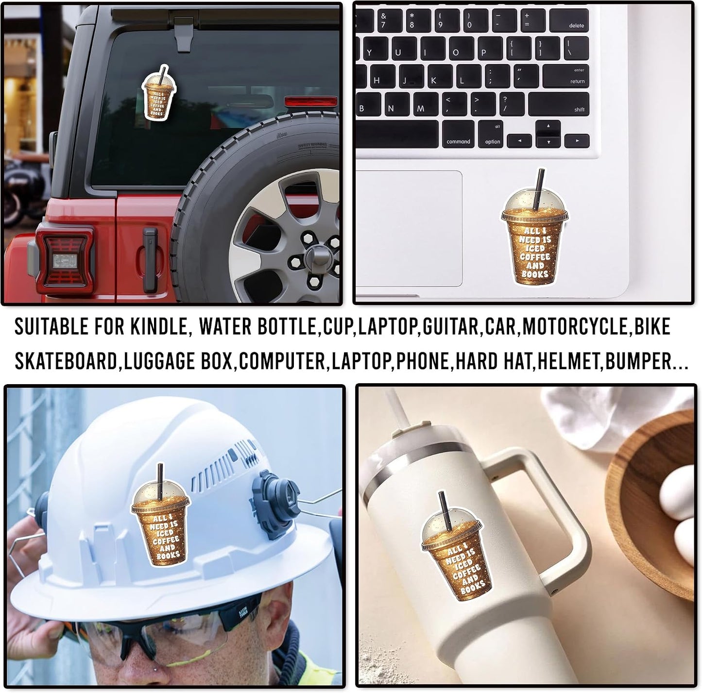KIMAMZ Pack 4PCS All I Need is Iced Coffee and Books Stickers Reading Inspirational Waterproof Vinyl Decals Decor