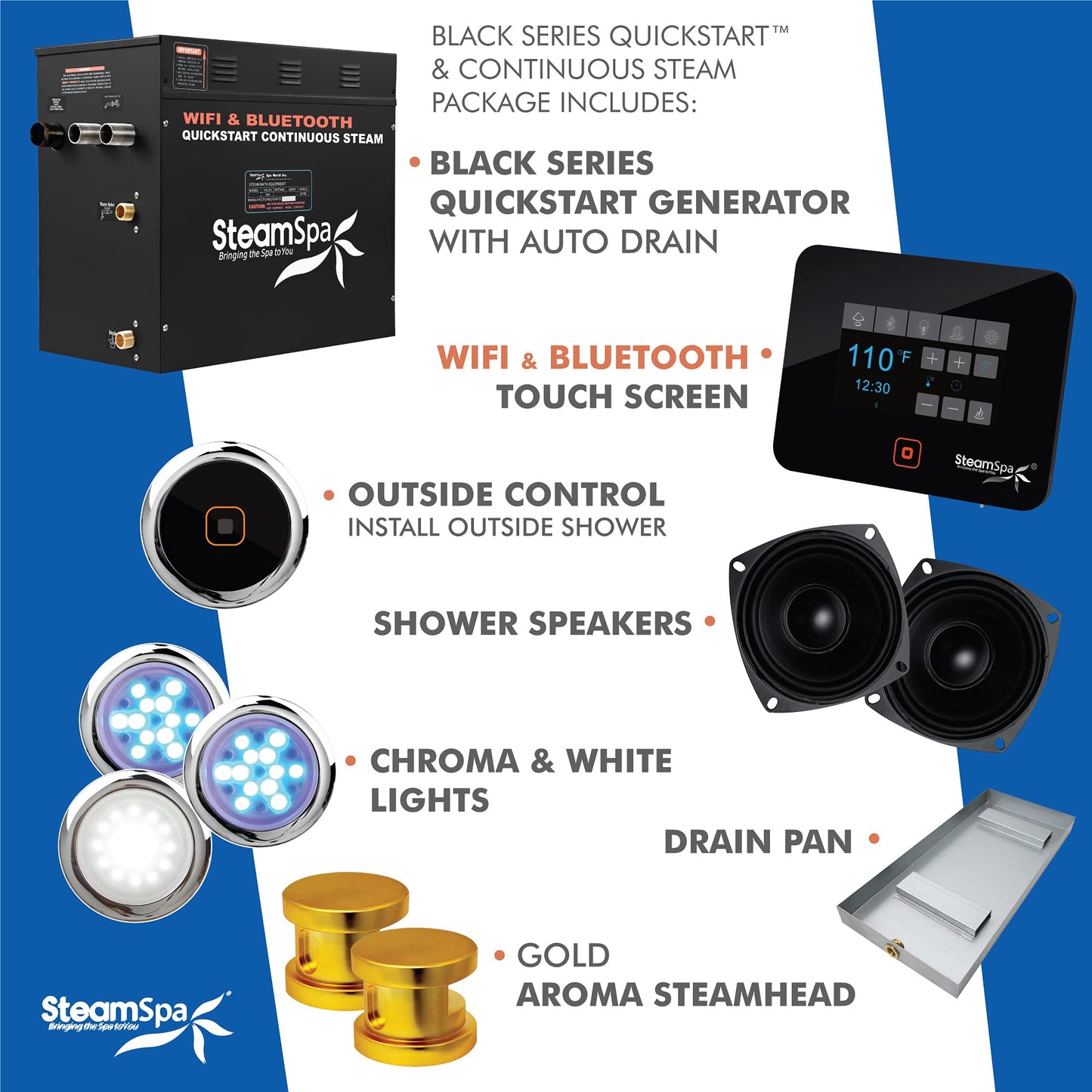 SteamSpa Generator with Quick Start Continuous Steam Technology, Wi-Fi, Bluetooth and Autodrain | 12kW Steam Generator with Gold Steam Head with Aromatherapy Reservoir | RVB1200GD-A