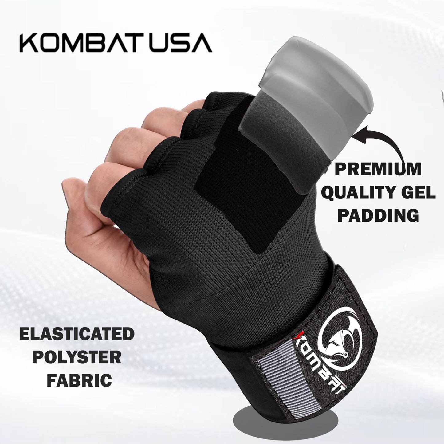 Kombat Gel Boxing Hand Wraps, Padded Inner Gloves for Men & Women, 75cm Quick Wrist Wraps, Knuckle & Wrist Protection for Muay Thai, MMA, Kickboxing, Martial Arts, Punching Training(Black, Large)