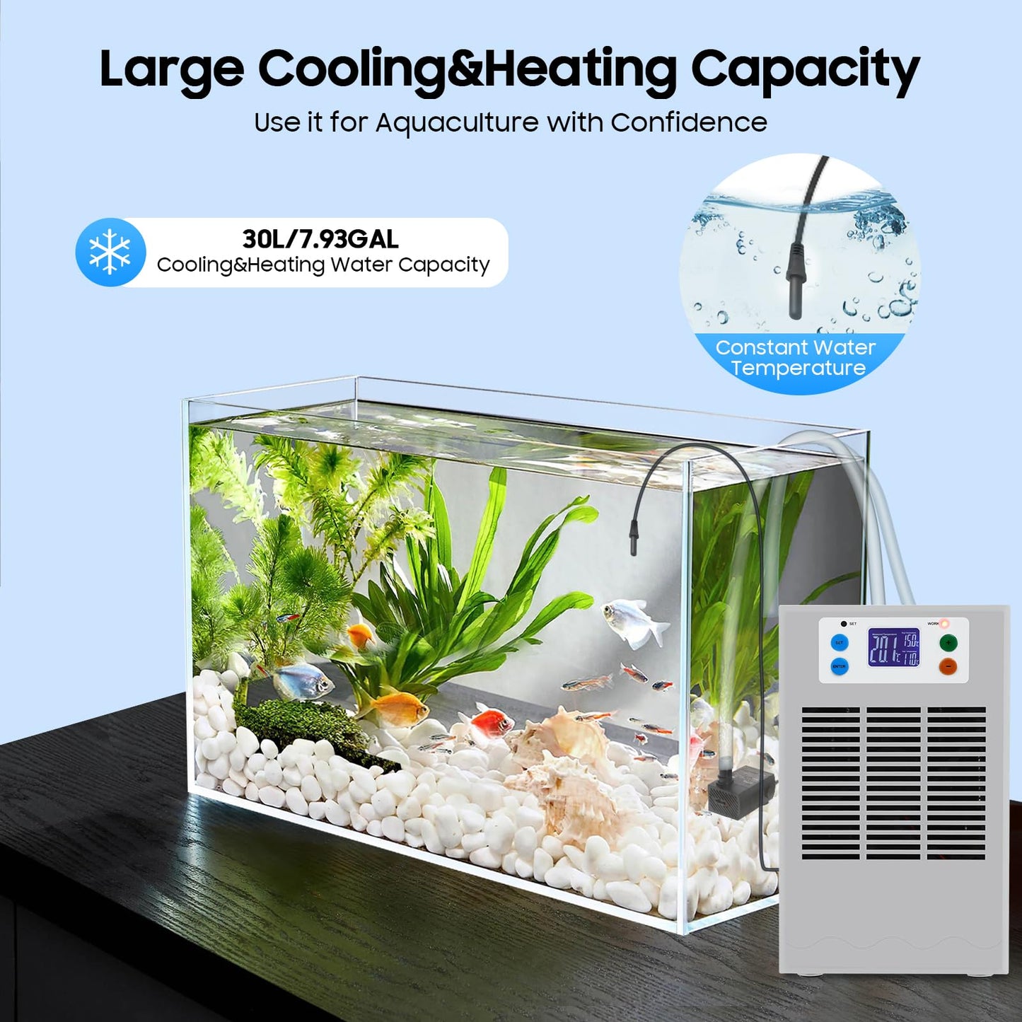 CUBELLIN Aquarium Chiller 30L/7.9 Gal Fish Pond Chiller Dc 12v Mini Tank Chiller for Axolotl, 1-3L/Min Circulation Pump, 10-40°C Digital Temperature Control for Fish, Shrimp & Coral Tanks