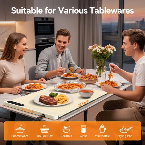 Food Warming Mat, Silicone Electric Warming Tray with 6 Adjustable Temperature, Full Surface Heating, Portable Roll Up Heating Mat with Heat-resistant Pad, Kitchen Food Warmer Pad for Buffets Party