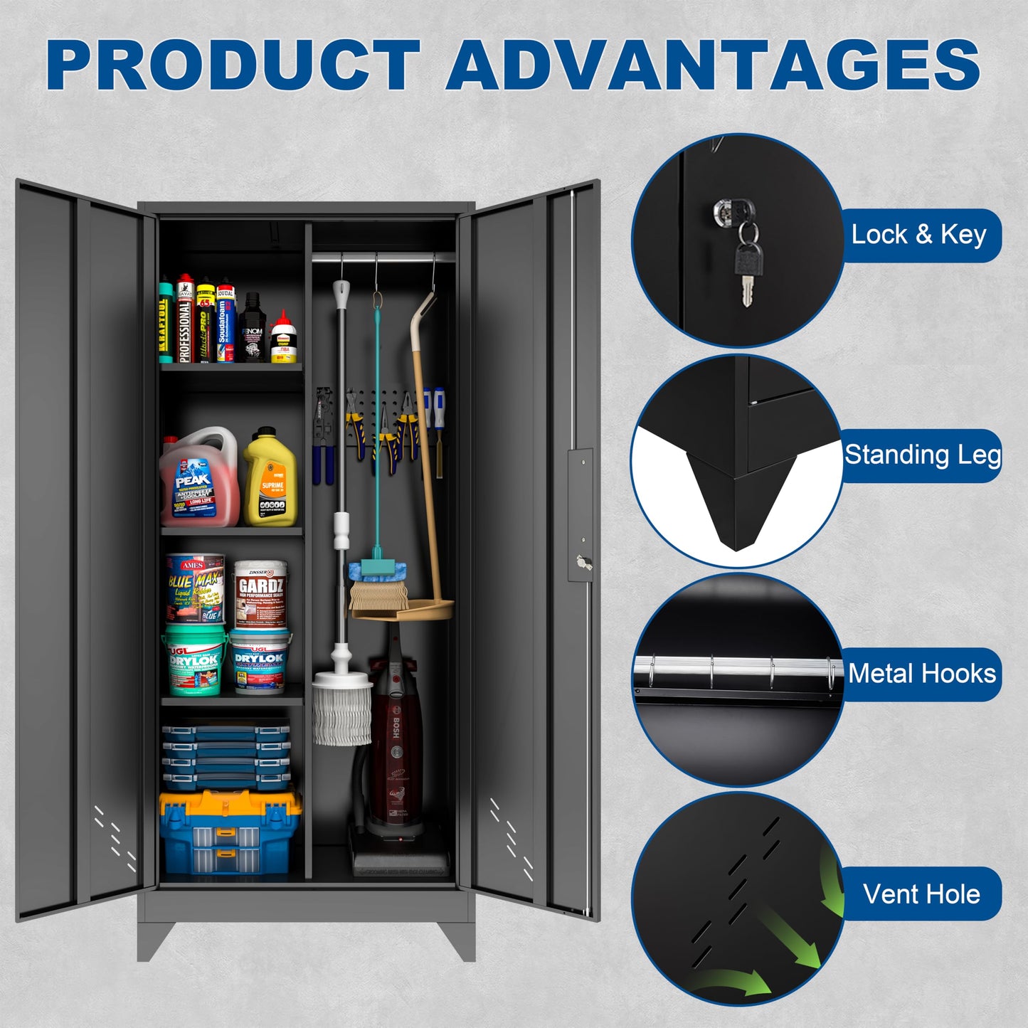CBNTKI Metal Garage Storage Cabinets with Lock, Cabinet with Pegboard & Hanging Rod, Broom Closet Storage Cabinets, Black Lockable Steel Tool Cabinet for Home,Garage,Utility Room