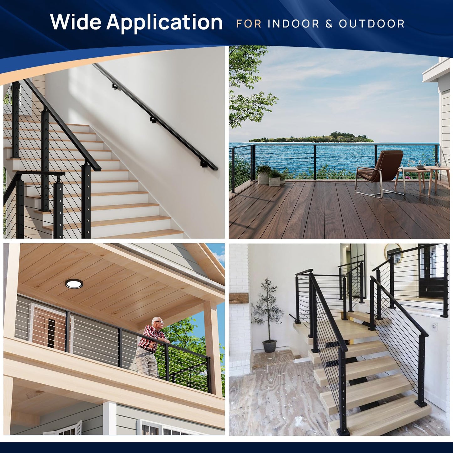 4 Pack 10FTx 2"x1" Aluminum Black Handrail with Self Drilling Screws Nylon End Caps, AAMA 2604 Coating, 2.8mm Thick Flat Handrail Cuttable Top Rail for Deck Stair Railing Indoor Outdoor