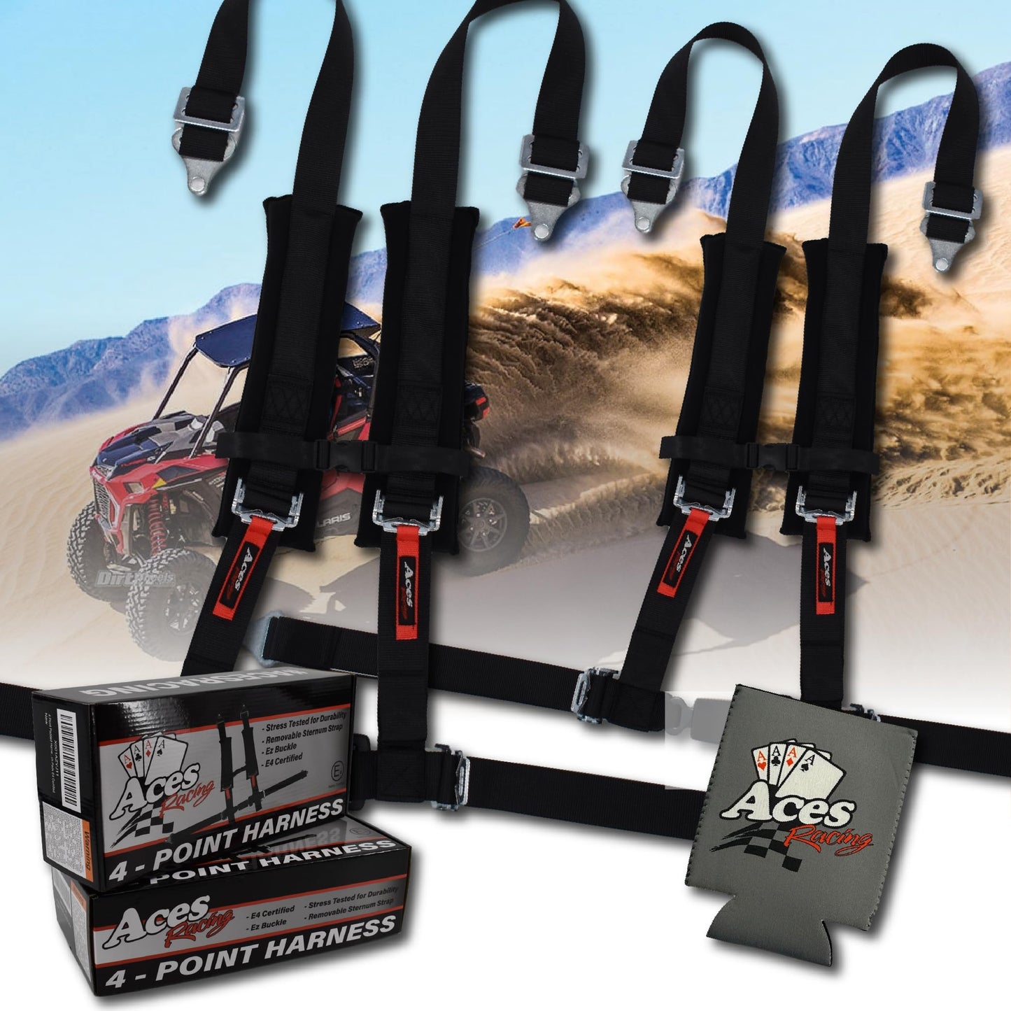 AAAA Aces Racing (Pair) 4 Point Black Harness 2 Inch Padding With can holder