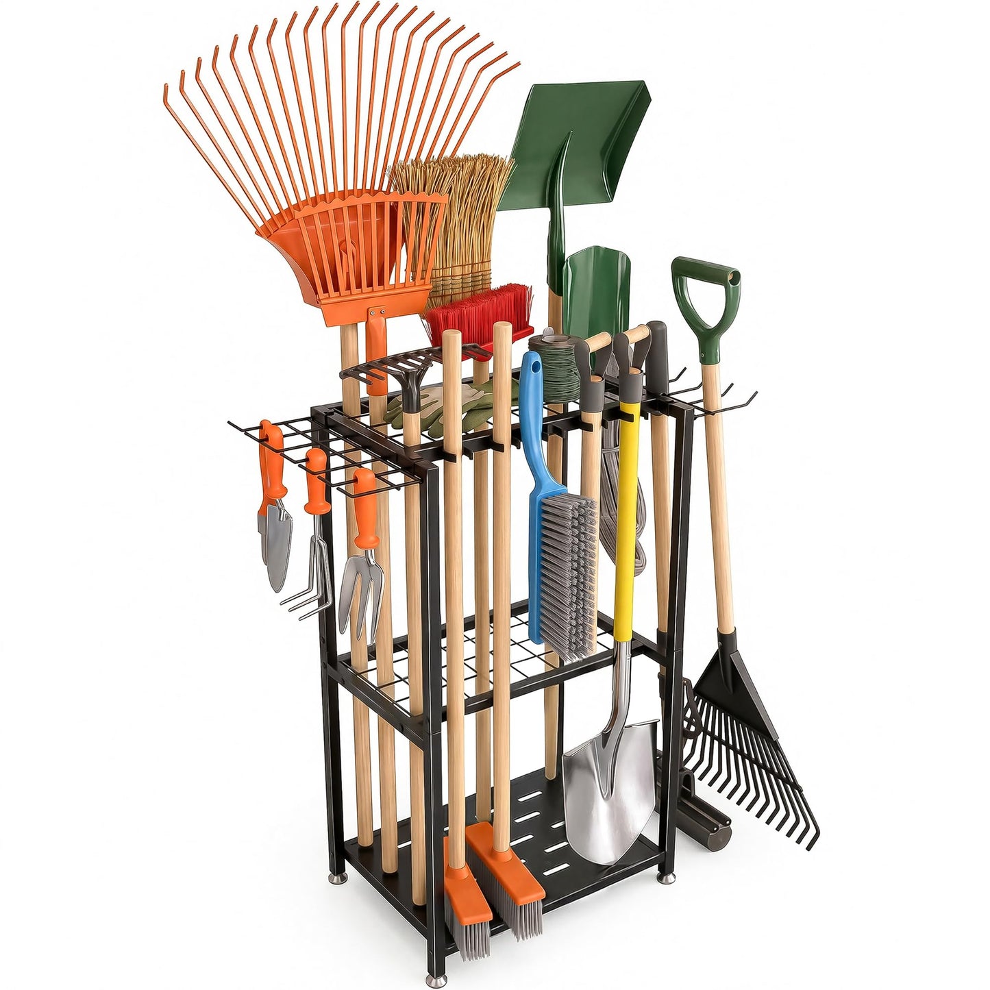 Faesun Garden Tool Organizer, 3-Tier Metal Yard Tool Rack with 14 Hooks & 5 Slots, Holds 50+ Rakes/Shovels/Brooms, Heavy Duty Freestanding Lawn Tool Storage for Garage Shed Outdoor Organization