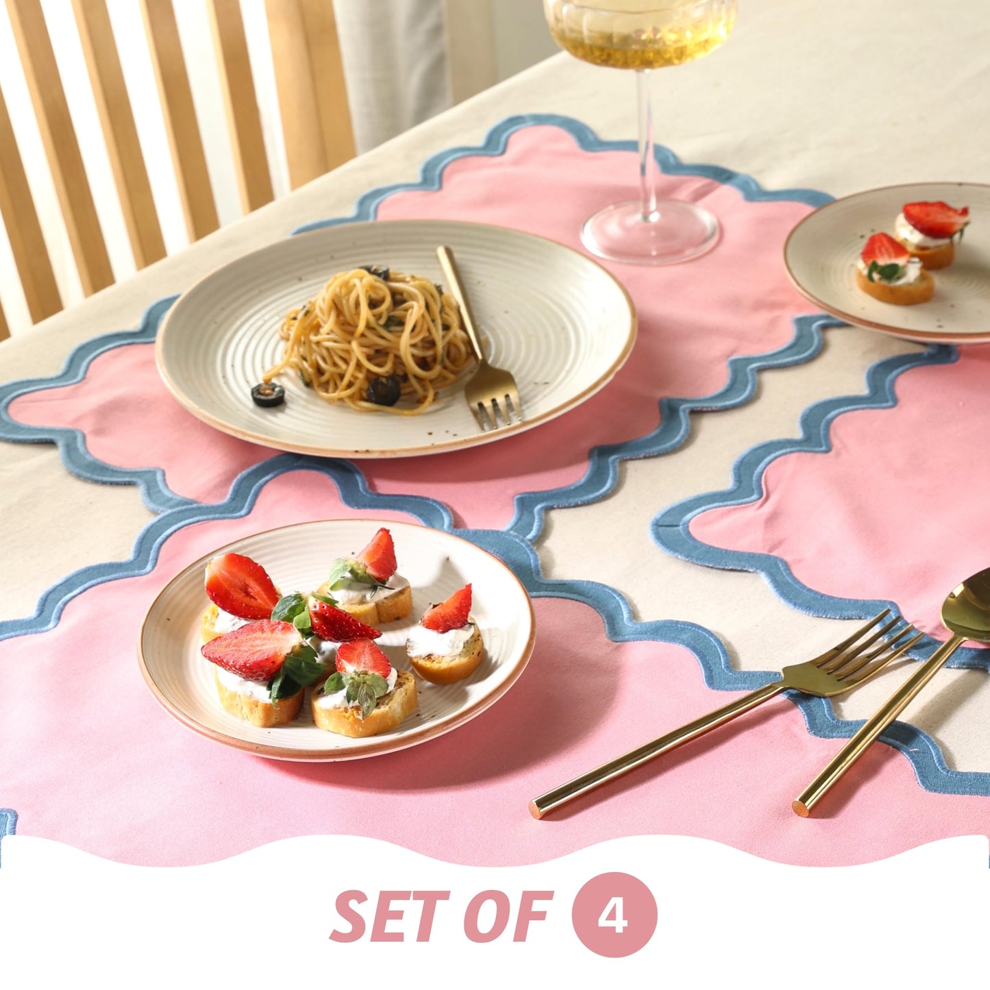 Folkulture Placemats Set of 4 (13 x 19) | 100% Cotton, Cute, Heat Resistant,Machine Washable Scalloped Place Mats | Pink Rectangular Cloth Table Placemats or Dining Table Mats for Dinner Party