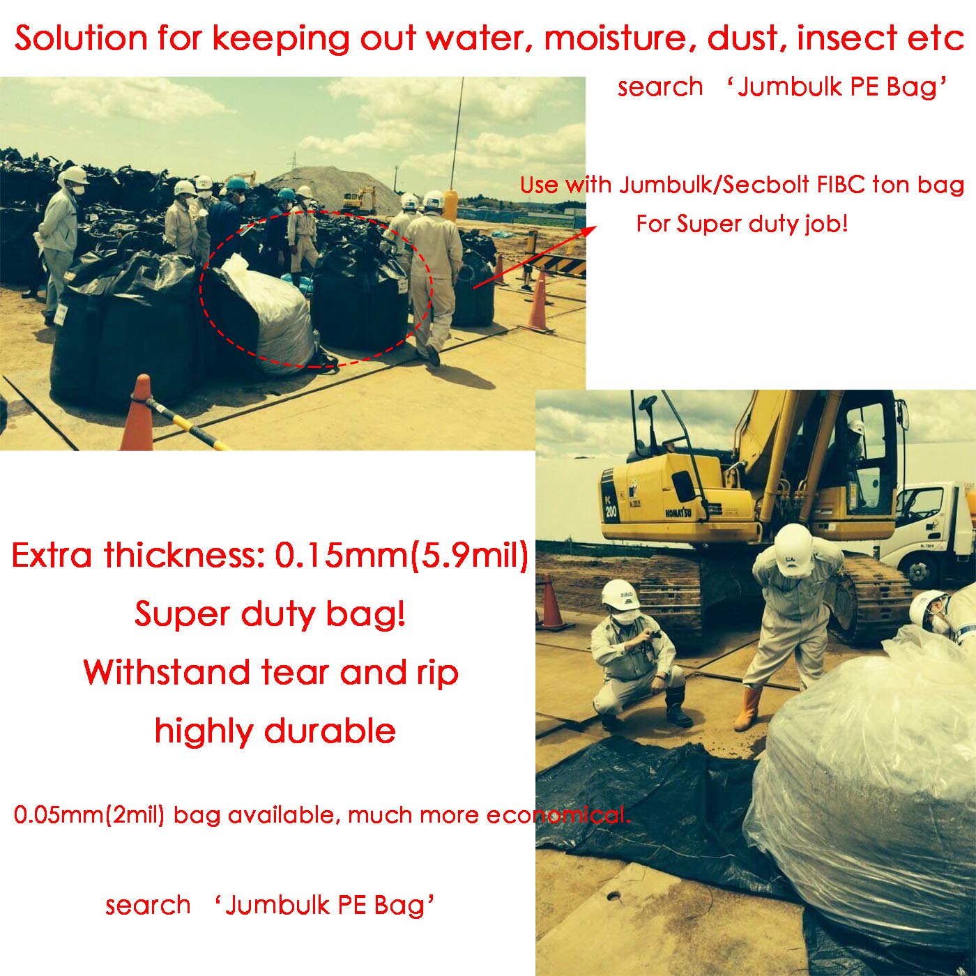 Secbolt Pack of 1 Heavy Duty FIBC Bulk Ton Bag, Anti-UV 3 Years, 3300lbs SWL, 43" Dia. x 43" H Tubular Duffle Top Flat Bottom Woven Polypropylene Bags