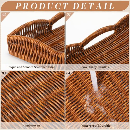 AceOrbit 4 Pcs Large Wicker Serving Tray Scalloped Wicker Rectangle Tray for Foods & Drinks, 16.5" Boho Rattan Decorative Serving Basket with Handle for Coffee Table Breakfast Modern Rustic Home Decor