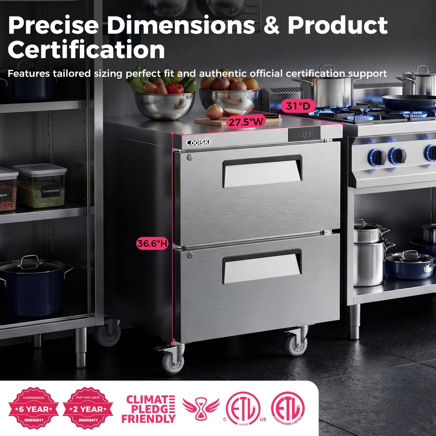 Coolski 27”W Commercial Undercounter Refrigerator with Drawers, 5.2 Cu.ft. Freestanding Stainless Steel with 6 Pans, 2 Drawers Under Counter Worktop Fridge for Restaurant, Bar, Shop, Kitchen Use