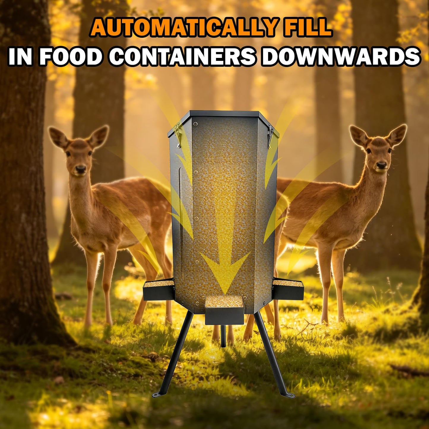 LAJIAOZ 80 lbs Galvanized Steel Gravity Deer Feeder - 14 Gallon Weatherproof Wildlife Game Feeder, 3-Leg Tripod Stand with 3 Feeding Trays, Metal Corn Dispenser for Goats, Turkeys, Livestock