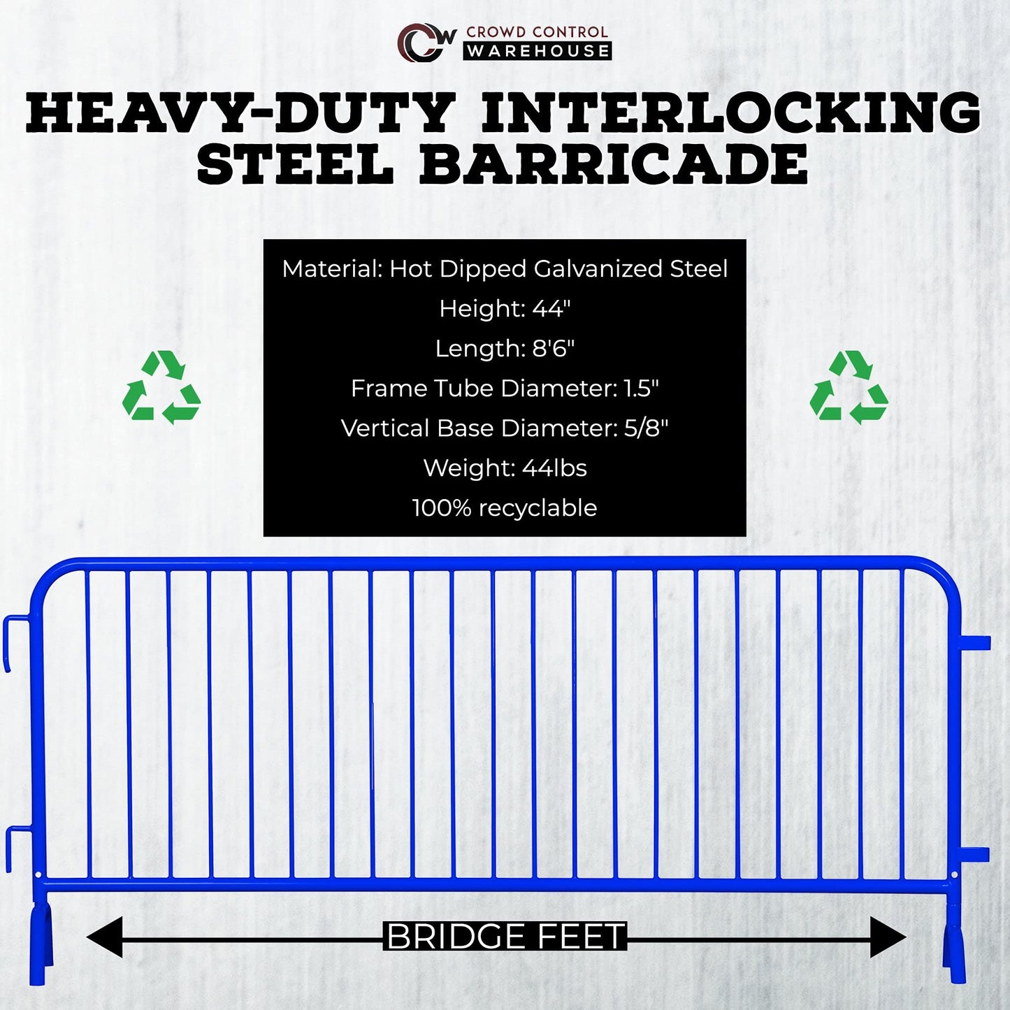 Angry Bull Barricades Metal Interlocking Steel Barricade (8.5 Ft. Heavy Duty, Bridge Feet, Blue Powder Coated, Set of 10)