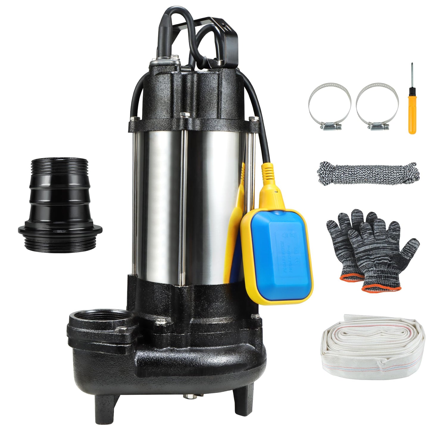 Sewage Grinder Pump, 1HP Submersible Sump Pump, 110V 6400GPH Stainless Steel Effluent Pumps with Automatic Float Switch, 2'' NPT Discharge for Basement, Sump Basin, Sewage Well
