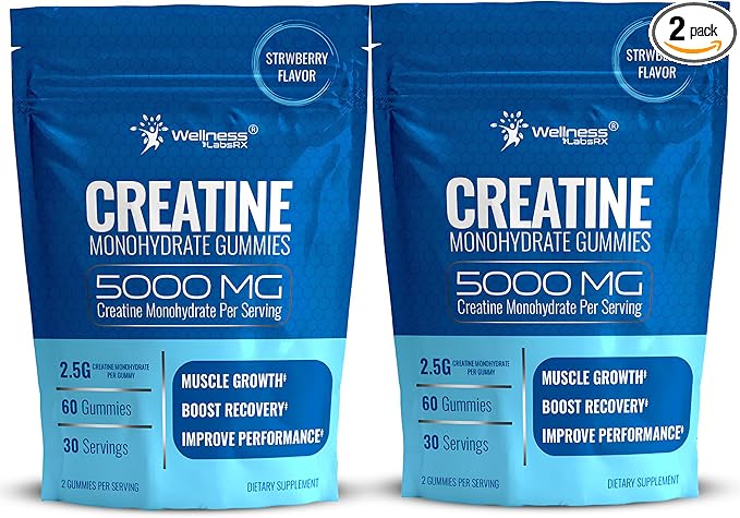 Creatine Gummies 5000mg, 30 Servings Creatine Monohydrate Gummies, Strawberry Flavor Creatine for Men - Pack of 2