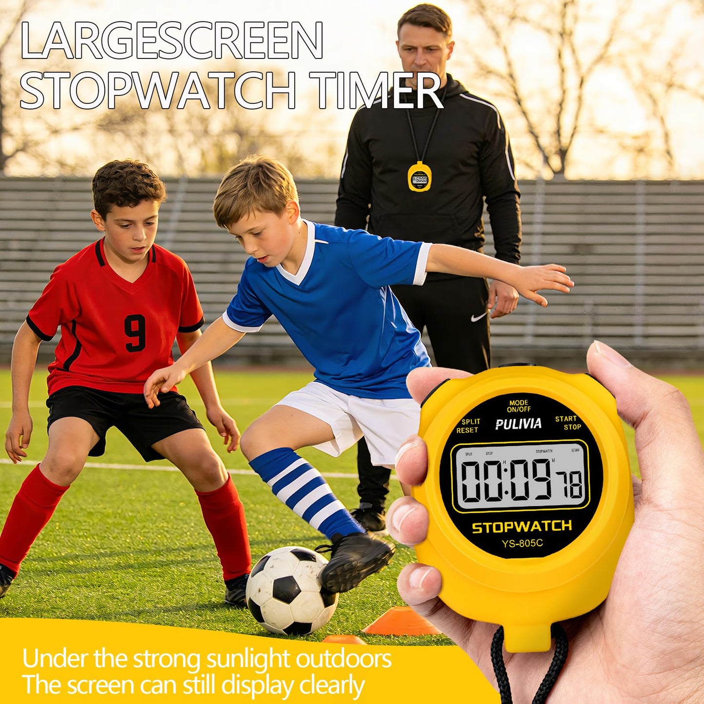 PULIVIA Stopwatch Timer with Countdown, Simple Operation Digital Stop Watch for Sports, Countdown-Alarm Button-Sound, AAA Battery Included (Yellow)