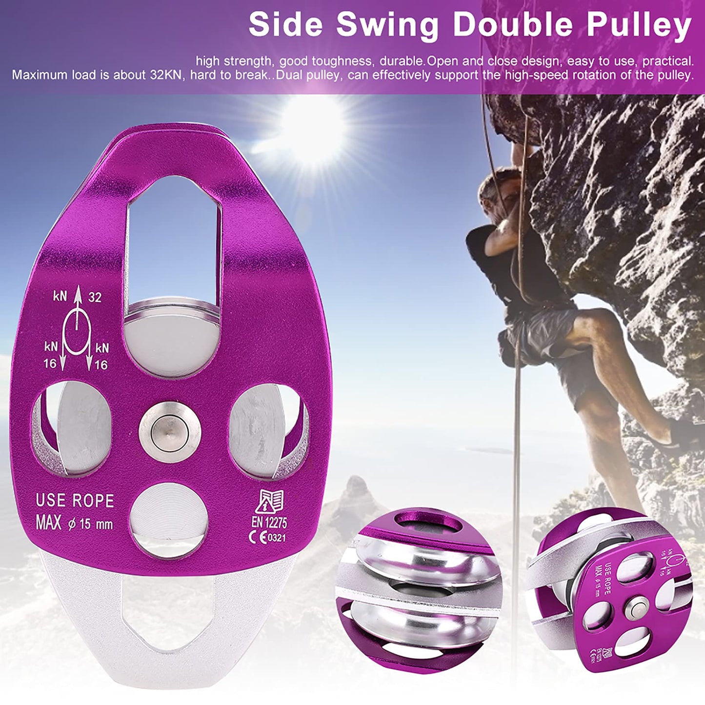 equlup Double Pulley, 32KN Load Aluminum Side Swing Pulley 15mm/0.6in 15mm/0.6in Outdoor Survival Tool for Rock Climbing, Mountaineering, Rappelling